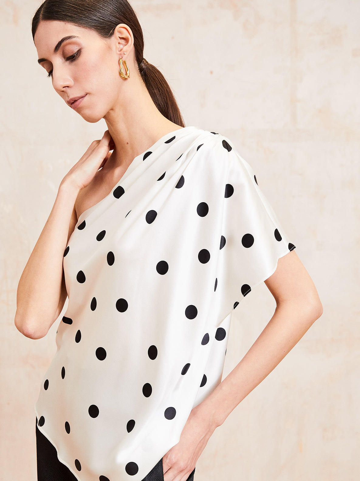 EMILY - Polka Dot Silk One Shoulder Top